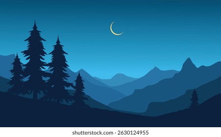 flat vector nature scenery with pine forest silhouette and simple sunset