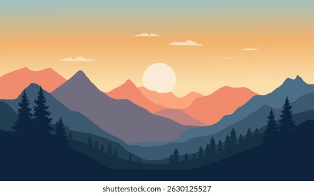 flat vector nature scenery with pine forest silhouette and simple sunset