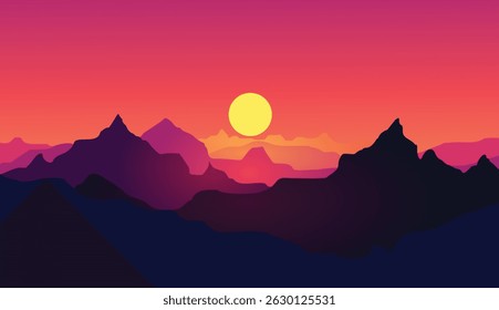 flat vector nature scenery with pine forest silhouette and simple sunset