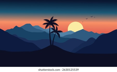 flat vector nature scenery with pine forest silhouette and simple sunset