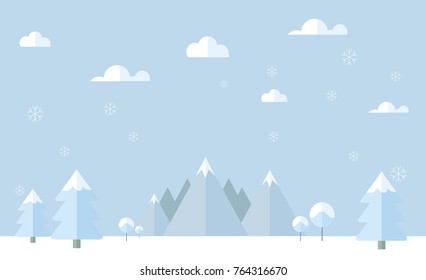 flat vector nature in the snow landscape. mountains,pine trees and snowflakes