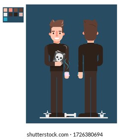flat vector necromancer in black costume holding book with skull and casting blue magic