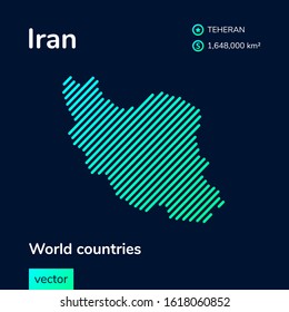 Flat vector neon digital Iran map in turquoise colors on a dark blue background. Stylized map icon of Iran. Infographic element. 