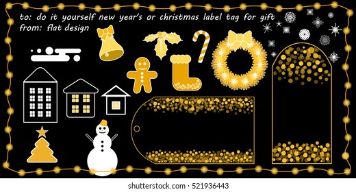 flat vector new year's or christmas printable tag for gift or sale, do it yourself new year's or christmas label tag for gift, gold glitter effect on black