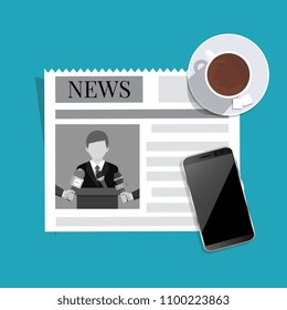Flat vector. News concept. Newspaper, cup of coffee, smart phone