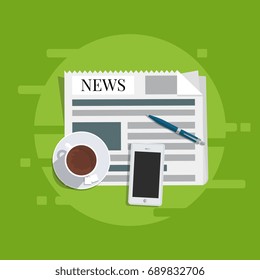 Flat vector. News concept. Newspaper, cup of coffee, smart phone and pen. 