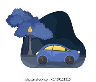 Flat vector night city landscape. The car on the road in the Park with lights.