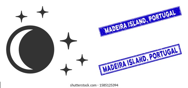 Flat vector night icon and rectangle Madeira Island, Portugal seal stamps. A simple illustration iconic design of Night on a white background. Blue Madeira Island,