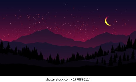 Flat vector night landscape. Night landscape with moon and stars