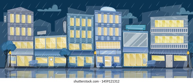 Flat vector night rainy city landscape. Street with bright houses, signs, trees and benches.