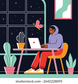 Flat vector night scene of person working on laptop in cozy room with plants, butterfly, soft lighting – home office illustration.