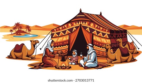 Família nômade vetor plana fazendo chá fora da tenda do deserto tradicional com camelos descansando nas proximidades. Cores terrosas sólidas, sem gradientes, ilustração do estilo de vida do deserto cultural