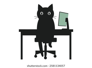 Flat Vector Office Desk, cat with Computer Minimal Front View