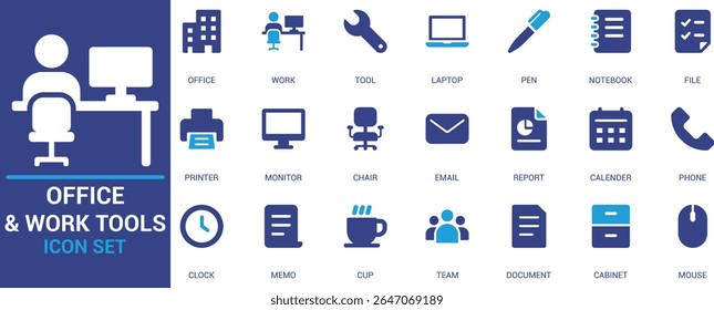 
Flat vector office and work tools icon set featuring laptop, email, calendar, printer, and file icons. Perfect for business, corporate UI UX, apps, and infographics.
