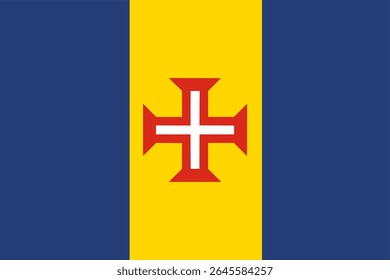 Vetor plano da bandeira oficial da Madeira com listras verticais azuis e amarelas e símbolo de cruz vermelha. Cores oficiais normalizadas. Ideal para designs geográficos, educacionais e patrióticos.