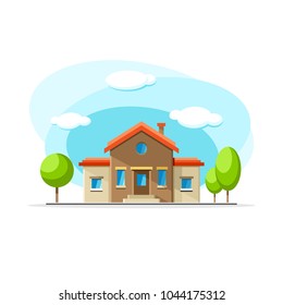 Flat vector old cottage building colorful illustration. City house, apartment, residential object on isolated white background