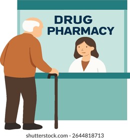 flat vector old man on drug pharmacy