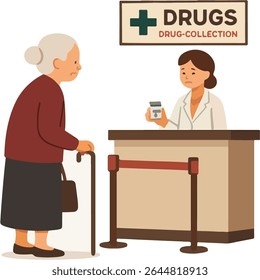 flat vector old woman on drug pharmacy