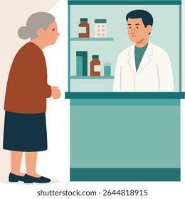 flat vector old woman on drug pharmacy