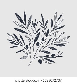 Flacher Vektor Olivenzweig mit Oliven. Handgezeichneter Olivenbaumzweig. Mediterranes Essen, Aroma Bio-Öl. Griechische Pflanze, lineare Illustration einzeln auf Hintergrund.