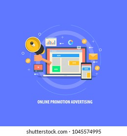 Flat vector - Online advertising - website marketing - digital content marketing flat illustration with icons
