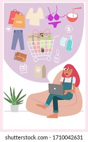 Flat vector Online shopping convenient anywhere. Illustration design marketing during quarantine time.