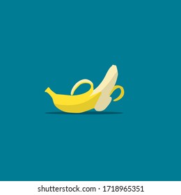 An flat vector of open banana fruit with peeling off skin with shadow on blue background.