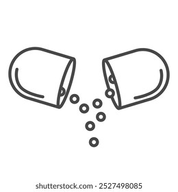Vetor plano abrir cápsula ícone de pílula, liberando minúsculas contas. Comprimido médico aberto, bolas azuis caindo da pílula. Conceito de farmácia
