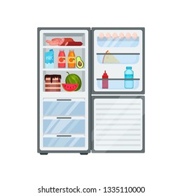 Flat vector of open fridge full of products. Food storage. Kitchen refrigerator with freezers