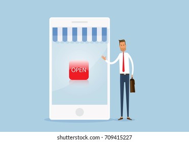 flat vector open online store shopping and  business mobile commerce concept
