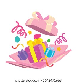 Flat vector of an open pink gift box revealing small gifts, hearts, and confetti. A fun and colorful illustration perfect for party, birthday, and celebration themes in a cartoon style.