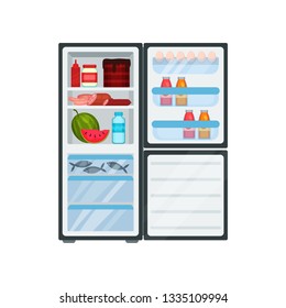 Flat vector of open refrigerator with products. Meat and fish, fresh watermelon, cake, bottles of sauces, and juice
