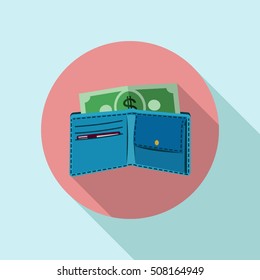 Flat Vector open Wallet and Money dollars and credit card Icon with long shadow