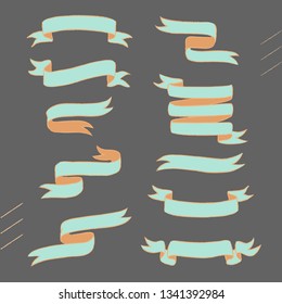 Flat vector orange and blue ribbons banners isolated on dark background. Hand drawn illustration set of tape