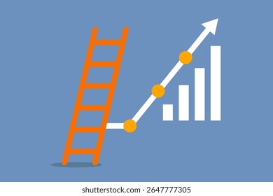 Vetor plano de uma escada laranja ao lado de um gráfico branco com tendência ascendente com pontos amarelos no plano de fundo azul, simbolizando sucesso, crescimento e progresso dos negócios