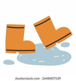 Vetor plano de botas de chuva laranja pisando em uma poça. Perfeito para temporada de chuvas, equipamentos infantis, conceitos de tempo úmido, visuais de monções ou ilustrações de atividades ao ar livre.