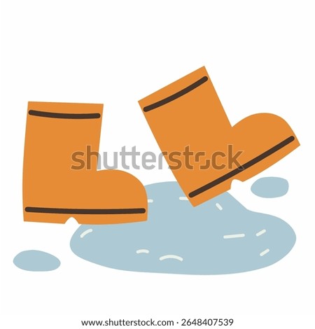 Flat vector of orange rain boots stepping in a puddle. Perfect for rainy season, kids’ gear, wet weather concepts, monsoon visuals, or outdoor activity illustrations.