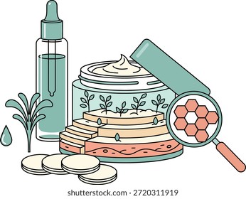 Vector plano de artículos orgánicos para el cuidado de la piel, incluyendo suero, crema facial y vista molecular de la capa de la piel, ideal para el marketing de bienestar, marca de spa, ciencia cosmética y contenido de belleza limpia.
