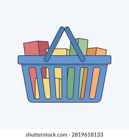 A flat vector outline illustration of a blue plastic supermarket shopping basket filled with colorful product boxes isolated on white background.