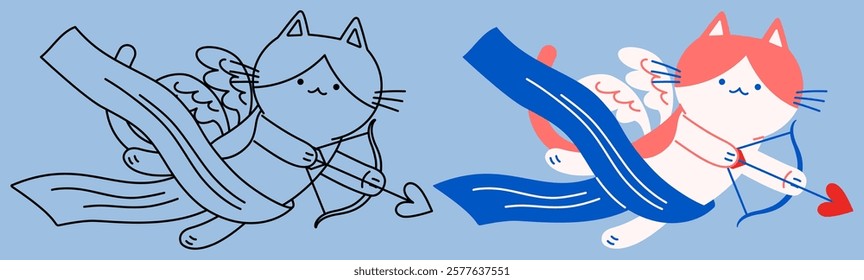 Flat vector and outline illustration of a Cupid cat flying and holding a bow and arrow