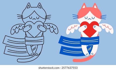 Flat vector and outline illustration of a Cupid cat closing its eyes, hugging a heart