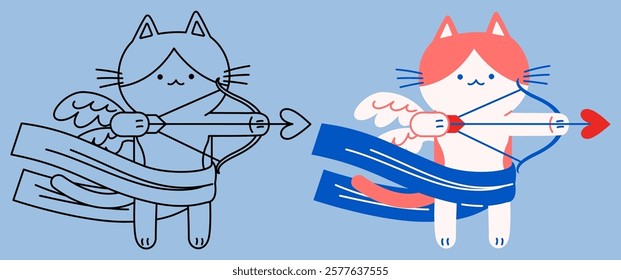 Flat vector and outline illustration of a Cupid cat standing and drawing the bow