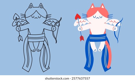 Flat vector and outline illustration of a Cupid cat closing its eyes, flying, holding a bow and an arrow