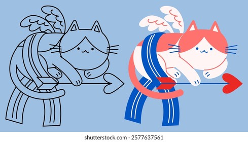Flat vector and outline illustration of a Cupid cat crouching and holding an arrow