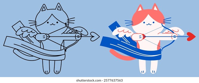 Flat vector and outline illustration of a Cupid cat standing and drawing the bow_v2