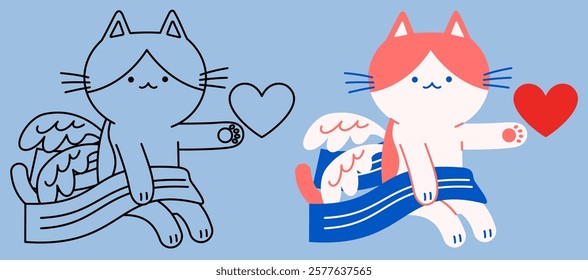 Flat vector and outline illustration of a Cupid cat sitting with one arm raised and a heart floating