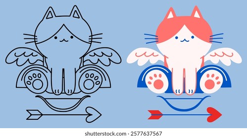 Flat vector and outline illustration of a Cupid cat sitting and placing the bow and arrow down