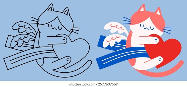 Flat vector and outline illustration of a Cupid cat closing its eyes, hugging a heart sideways