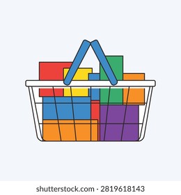 A flat vector outline illustration of a metal wire supermarket shopping basket filled with colorful product boxes isolated on white background.