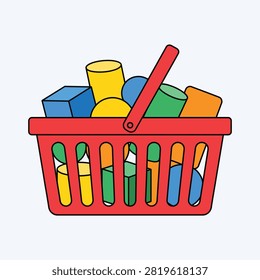 A flat vector outline illustration of a red plastic supermarket shopping basket filled with colorful 3d geometric shapes isolated on white background.